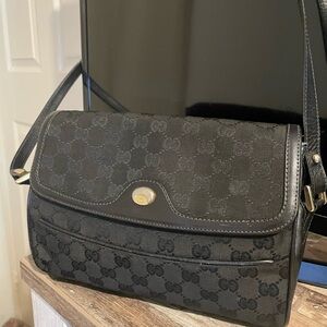 Gucci, Black, Leather and fabric GG, Crossbody, 80s bag